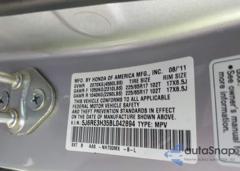 2011 Honda Cr-V Lx z USA, uszkodzony, nr VIN 5J6RE3H35BL042894